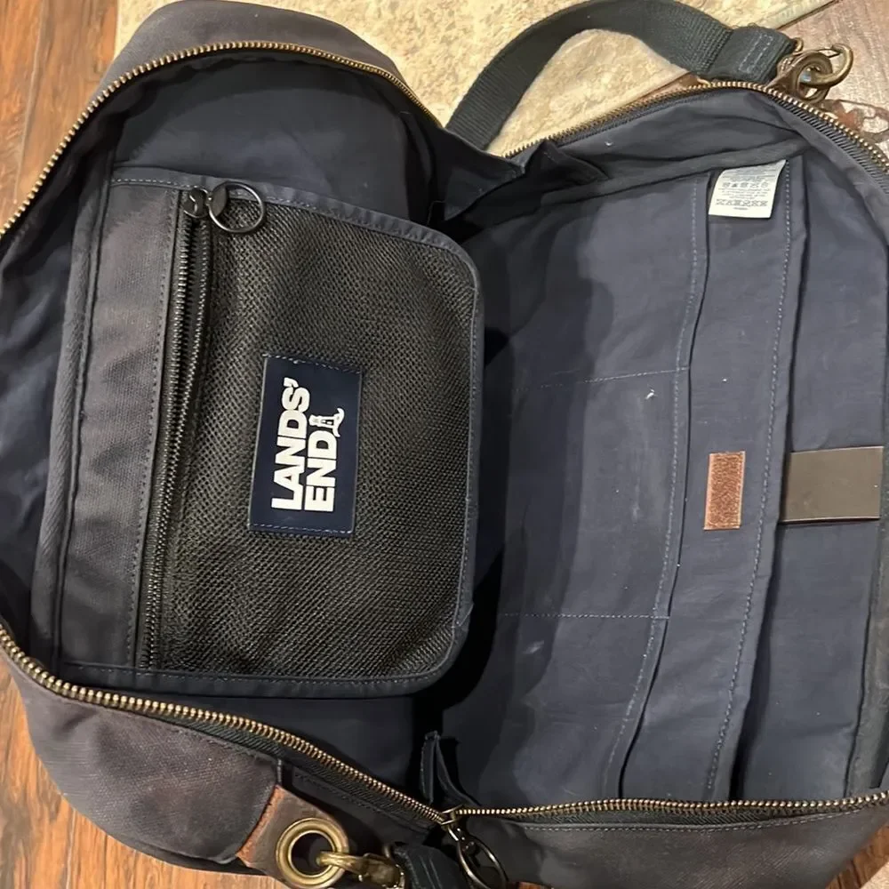 VTG Lands End Direct Merchant dark Canvas leather Messenger Bag Two Compartment‎